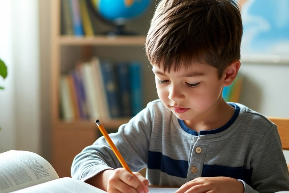 Child learning happily with tablet